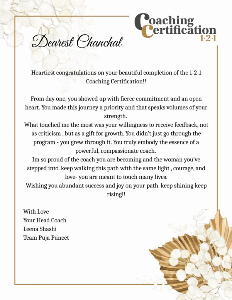 Life coaching certification held by Chanchal Surekha